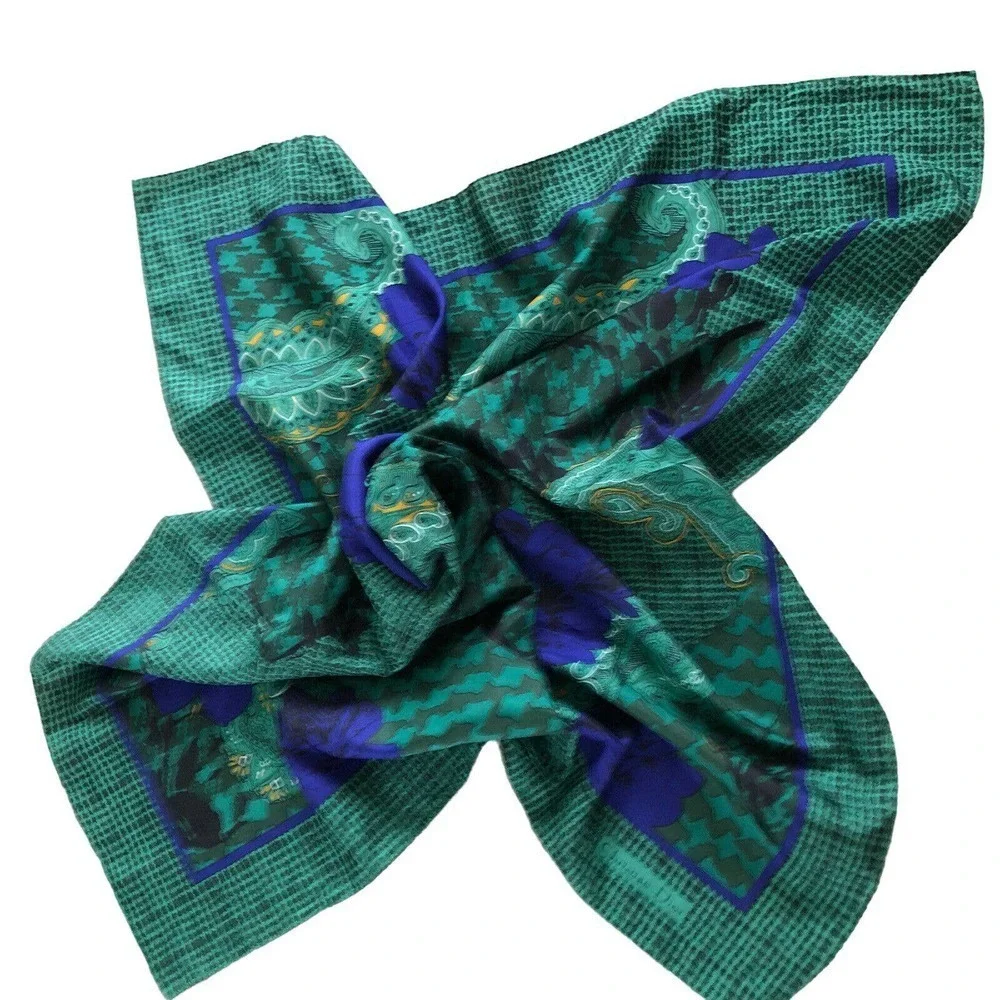 Christian Dior Autumn Green Hues Violet Floral Paisley Silk Scarf Authentic
